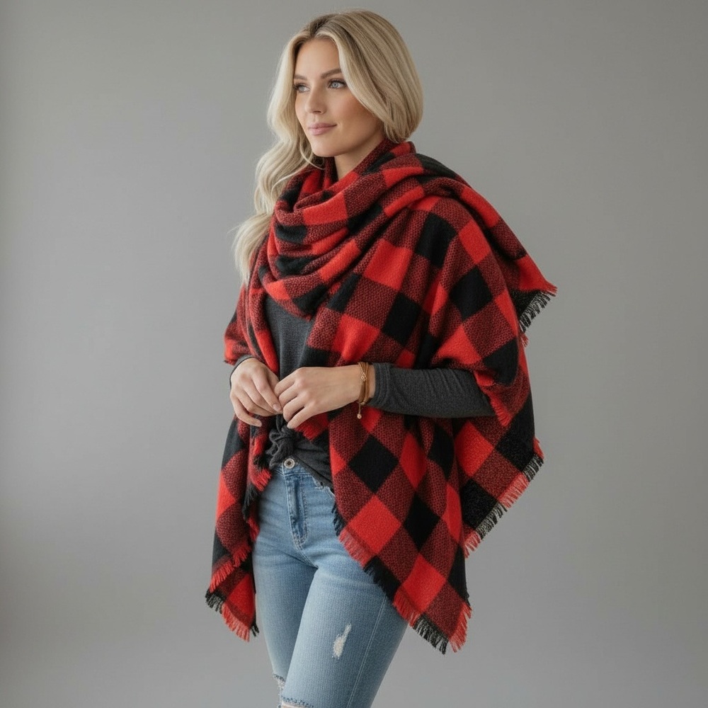 Red Black Plaid Oversized Scarf